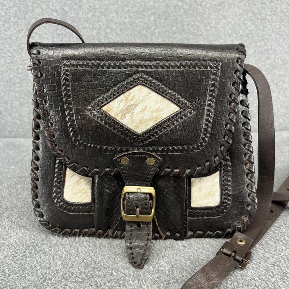 Vintage Hand Tooled Leather Crossbody Purse Womens Brown Hair-On Hide Western - Picture 2 of 15